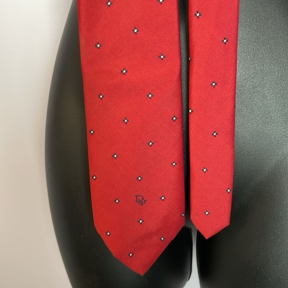 Christian Dior Red with Navy Black Embroidered Floral Design and Logo Necktie